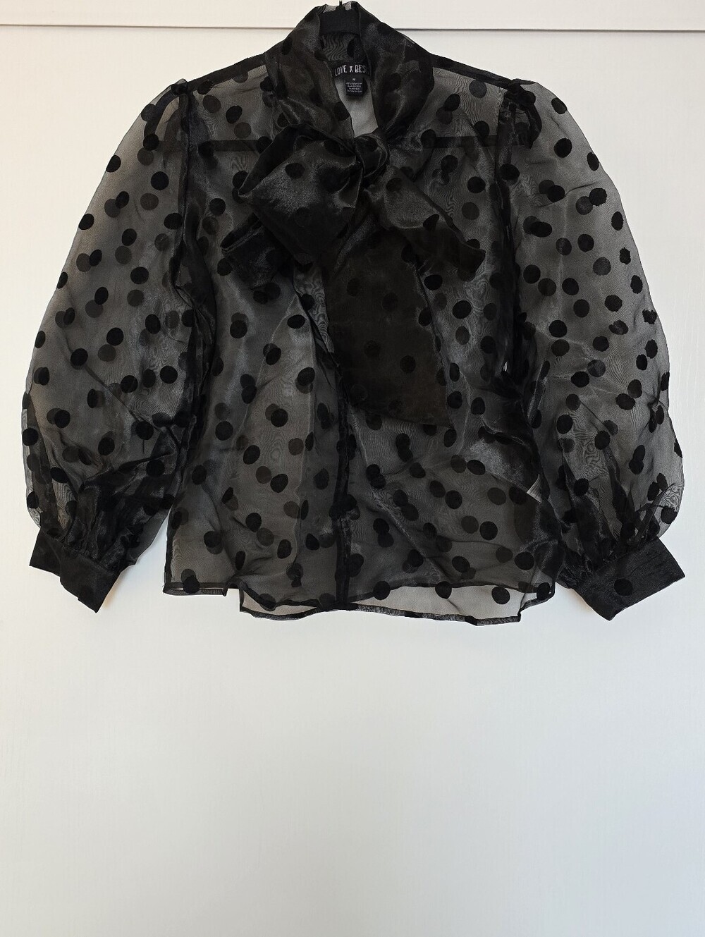 Love X Design - Sheer Black Polka Dot Front Bow Tie Blouse Puff Sleeve Top